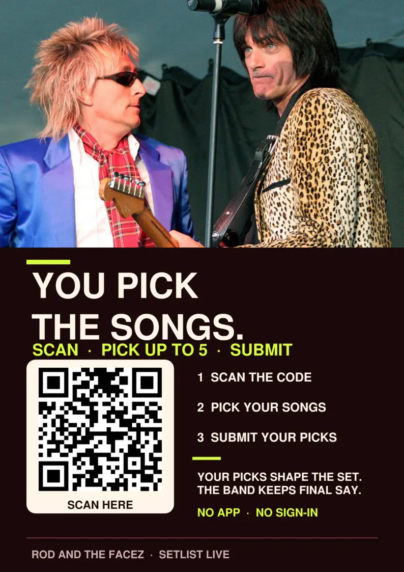 Audience voting flyer for Rod and the Facez with a large QR code and three simple voting steps